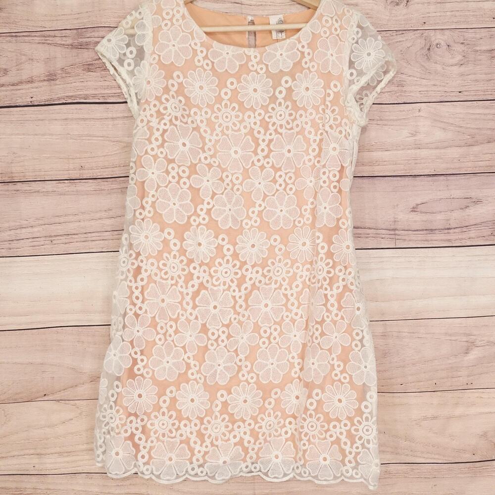 Francesca's‎ Dress Womens Small Pink Floral Lace Overlay Shift Short Sleeve